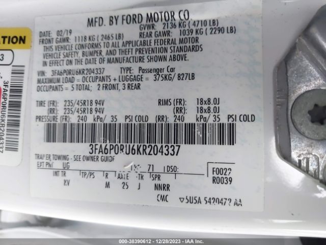 3FA6P0RU6KR204337 Ford Fusion Hybrid Titanium