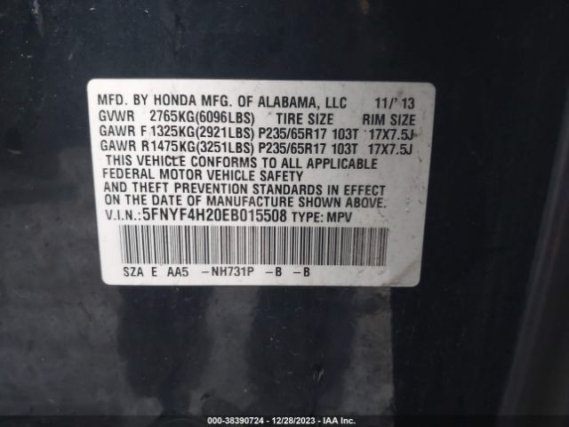 5FNYF4H20EB015508 Honda PILOT LX