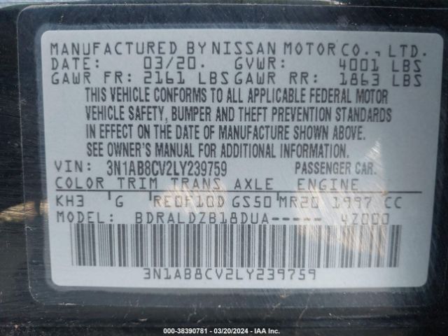 3N1AB8CV2LY239759 Nissan Sentra Sv Xtronic Cvt