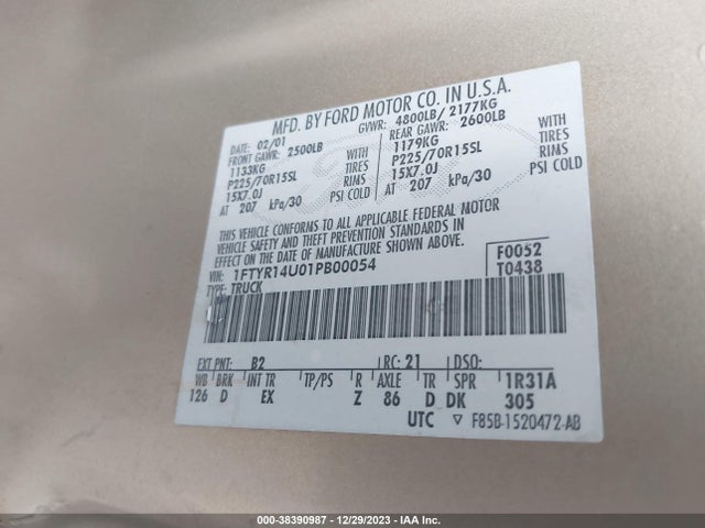 2001 FORD RANGER EDGE/EDGE PLUS/XL/XLT/XLT APP/XLT APPEARANCE VIN: 1FTYR14U01PB00054