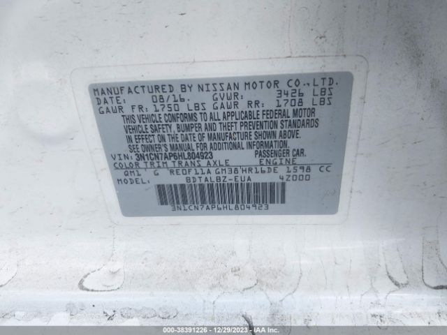 3N1CN7AP6HL804923 Nissan Versa 1.6 Sv