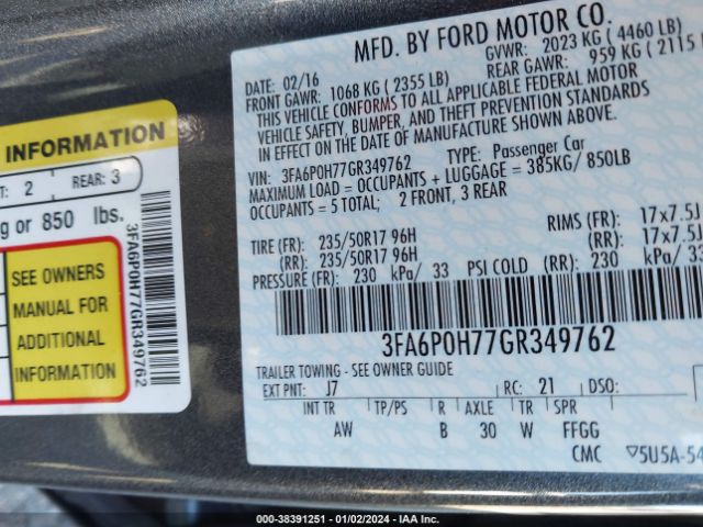 3FA6P0H77GR349762 Ford FUSION SE