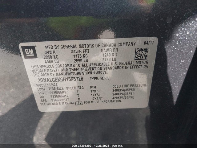 Chevrolet EQUINOX LT 2017 2GNALCEK6H1595726 Image 9
