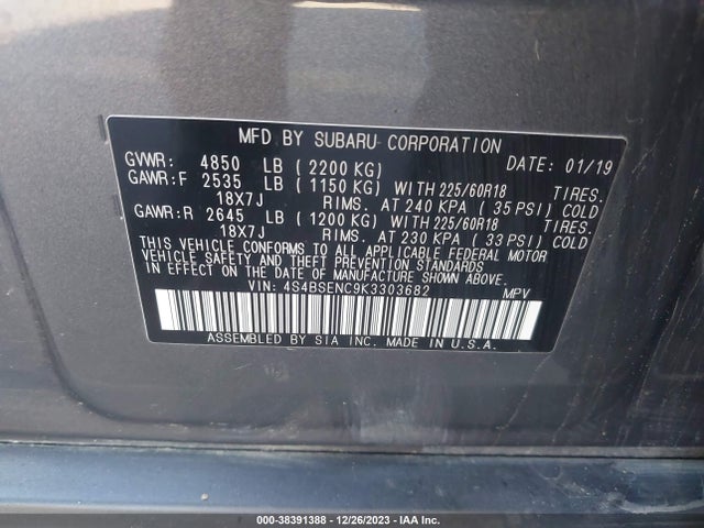 Subaru Outback 3.6r Limited 2019 4S4BSENC9K3303682 Image 9