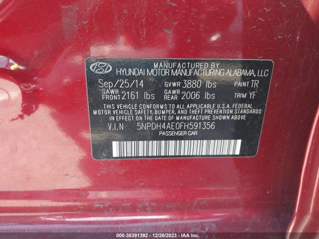 2015 HYUNDAI ELANTRA SE VIN: 5NPDH4AE0FH591356