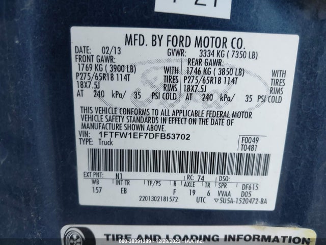 2013 FORD F-150 LARIAT VIN: 1FTFW1EF7DFB53702