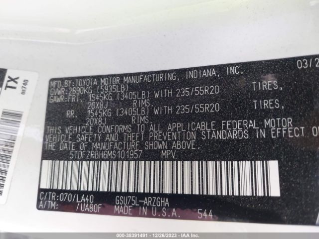 5TDFZRBH6MS101957 Toyota Highlander Platinum