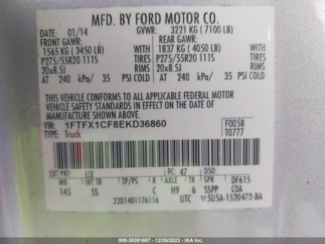 2014 FORD F-150 STX VIN: 1FTFX1CF8EKD36860
