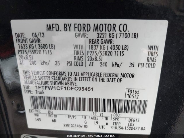 2013 FORD F-150 FX2 VIN: 1FTFW1CF1DFC95451