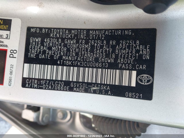 2012 TOYOTA CAMRY SE V6 VIN: 4T1BK1FK3CU006613