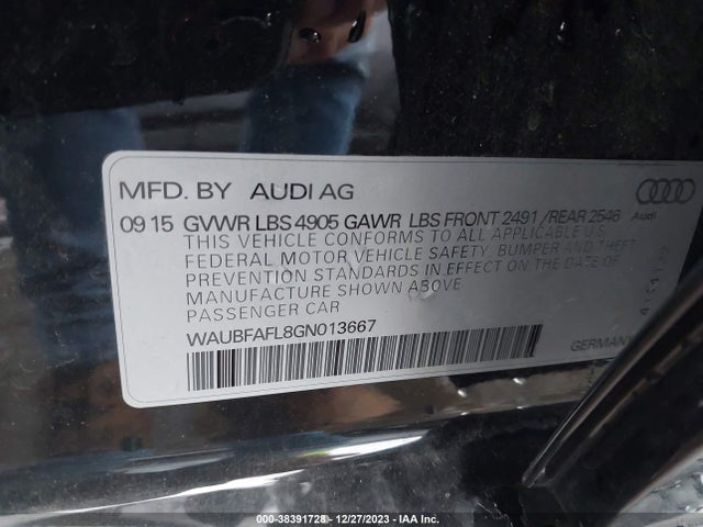 2016 AUDI A4 2.0T PREMIUM VIN: WAUBFAFL8GN013667
