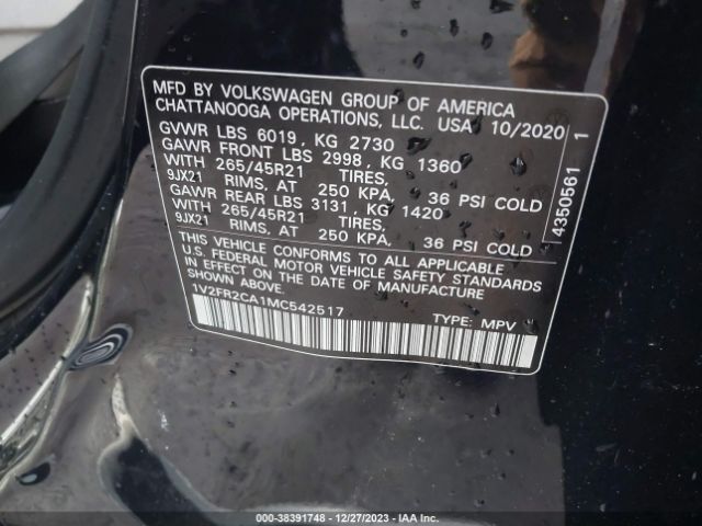 1V2FR2CA1MC542517 Volkswagen Atlas 3.6l V6 Sel Premium R-line