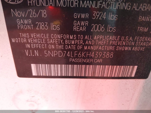 Hyundai ELANTRA SE 2019 5NPD74LF6KH439388 Image 9