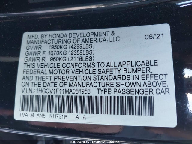 Honda ACCORD LX 2021 1HGCV1F11MA081953 Image 9