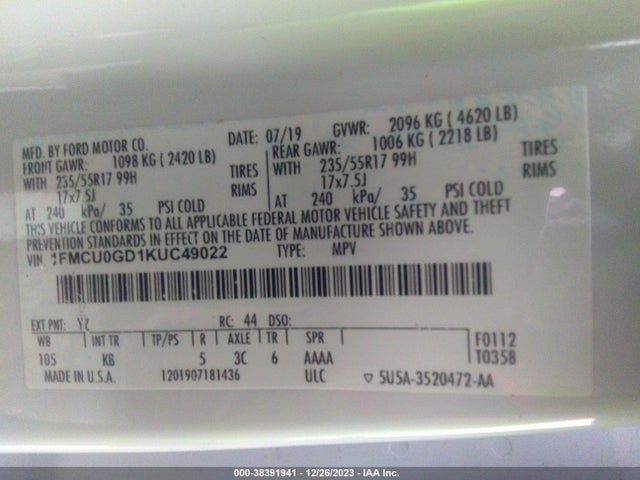 Ford ESCAPE SE 2019 1FMCU0GD1KUC49022 Image 9