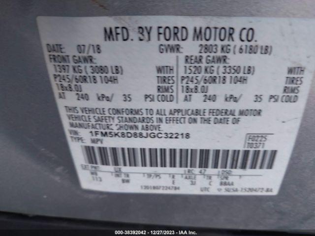 1FM5K8D88JGC32218 Ford EXPLORER XLT
