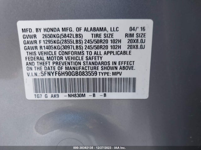 Honda Pilot Touring 2016 5FNYF6H90GB083559 Image 9
