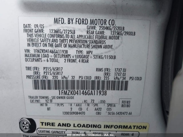 2006 FORD FREESTYLE SE VIN: 1FMZK04146GA11938