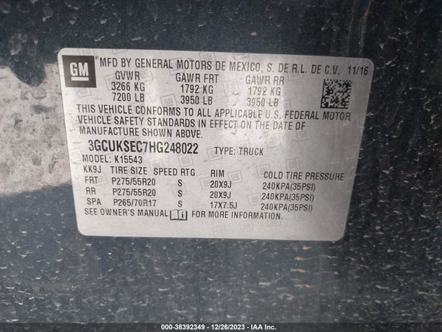 Chevrolet Silverado 1500 1lz 2017 3GCUKSEC7HG248022 Image 9