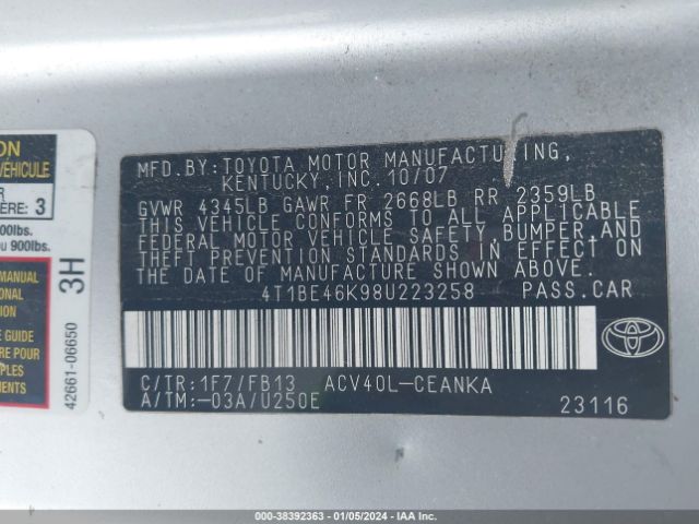 2008 TOYOTA CAMRY 4T1BE46K98U223258 Photo 8
