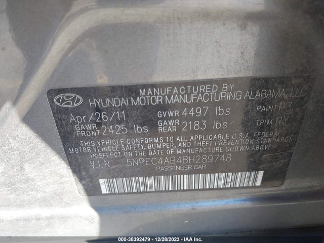 2011 HYUNDAI SONATA LIMITED 2.0T VIN: 5NPEC4AB4BH289748