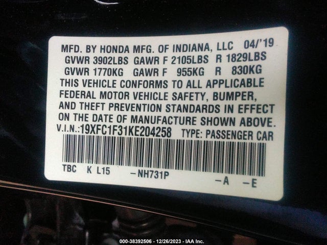 Honda CIVIC EX 2019 19XFC1F31KE204258 Image 9