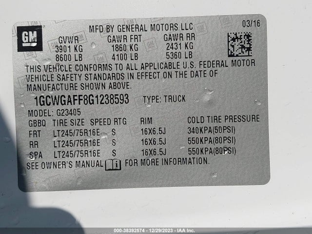 Chevrolet Express 2500 Work Van 2016 1GCWGAFF8G1238593 Image 9