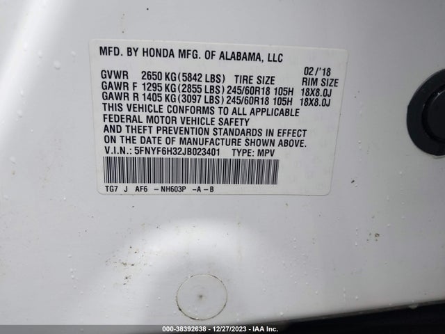 Honda Pilot Ex 2018 5FNYF6H32JB023401 Image 9