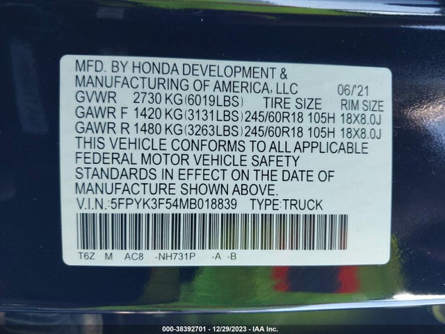 Honda Ridgeline Awd Rtl 2021 5FPYK3F54MB018839 Image 9