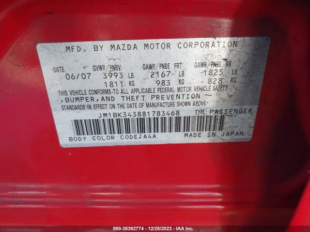 2008 MAZDA MAZDA3 S GRAND TOURING VIN: JM1BK343881783468