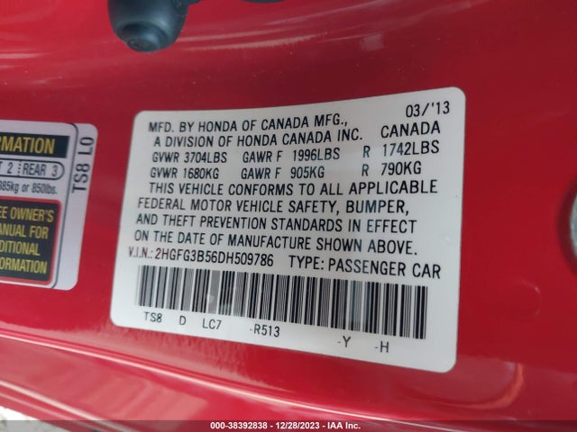 2013 HONDA CIVIC LX VIN: 2HGFG3B56DH509786