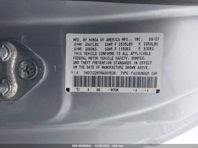 2008 HONDA ACCORD 3.5 EX-L VIN: 1HGCS22878A000526