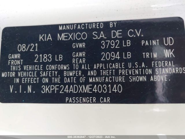 3KPF24ADXME403140 KIA Forte Lxs