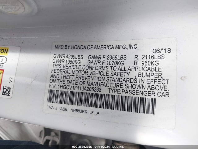 Honda ACCORD LX 2018 1HGCV1F11JA205263 Image 9