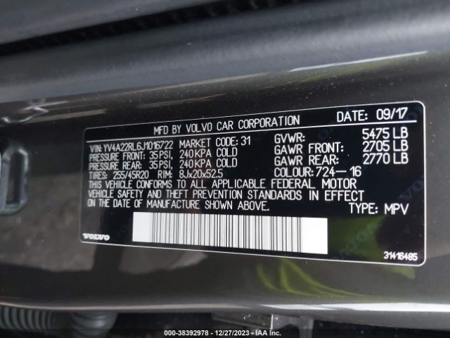 YV4A22RL6J1016722 Volvo Xc60 T6 Inscription