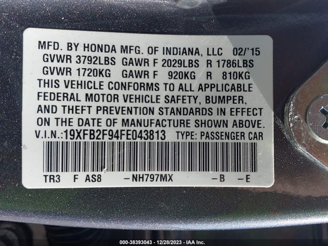 2015 HONDA CIVIC EX-L VIN: 19XFB2F94FE043813