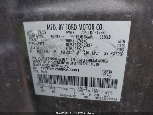 2006 FORD F-150 LARIAT/XLT VIN: 1FTPW12566KA90991