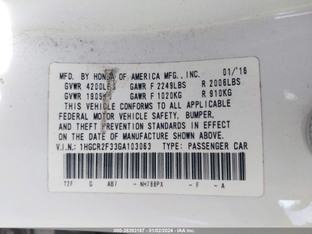 1HGCR2F33GA103063 Honda ACCORD LX