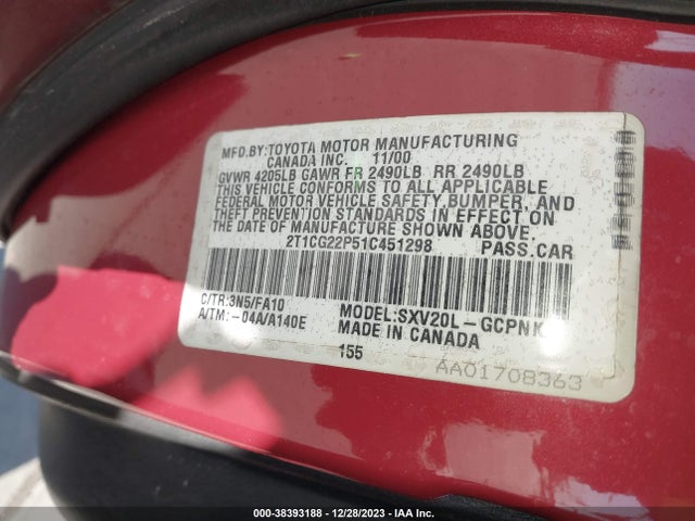 2001 TOYOTA CAMRY SOLARA SE VIN: 2T1CG22P51C451298