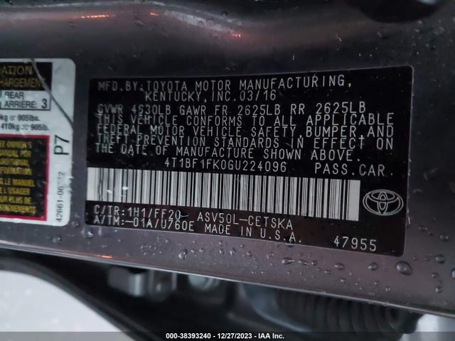 2016 TOYOTA CAMRY SE VIN: 4T1BF1FK0GU224096