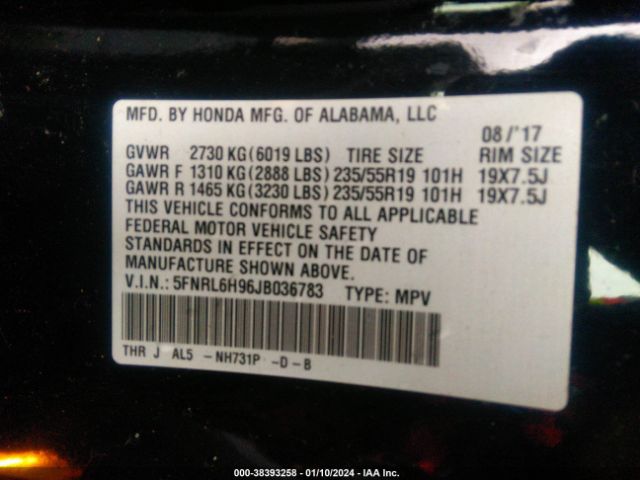 5FNRL6H96JB036783 Honda Odyssey Elite