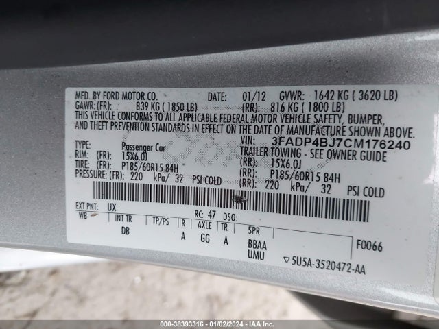 2012 FORD FIESTA SE VIN: 3FADP4BJ7CM176240