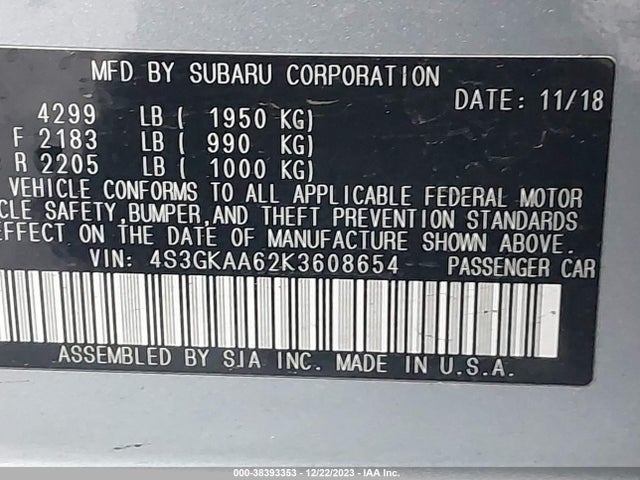 2019 SUBARU IMPREZA 2.0I VIN: 4S3GKAA62K3608654
