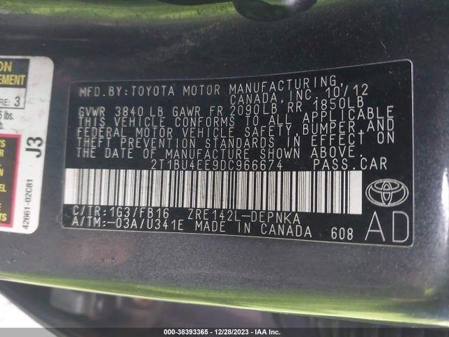 2013 TOYOTA COROLLA LE VIN: 2T1BU4EE9DC966674
