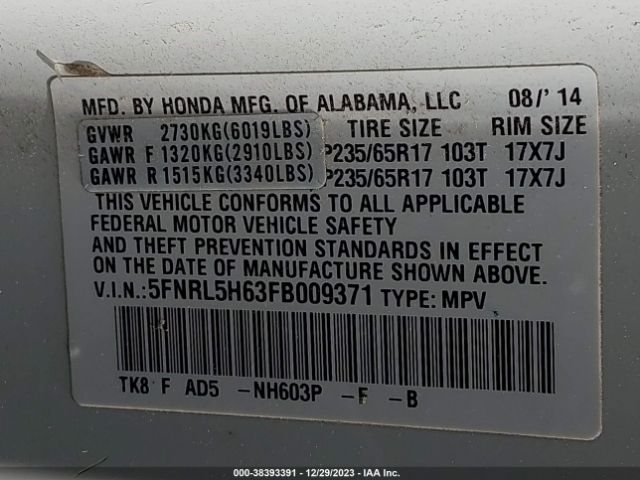 5FNRL5H63FB009371 Honda Odyssey Ex-l