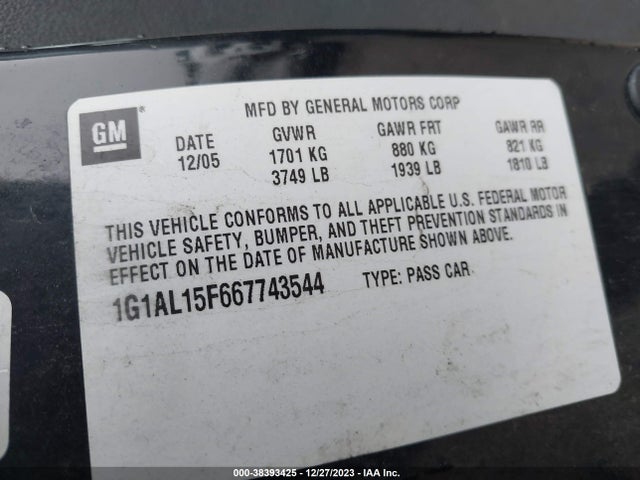 2006 CHEVROLET COBALT LT VIN: 1G1AL15F667743544