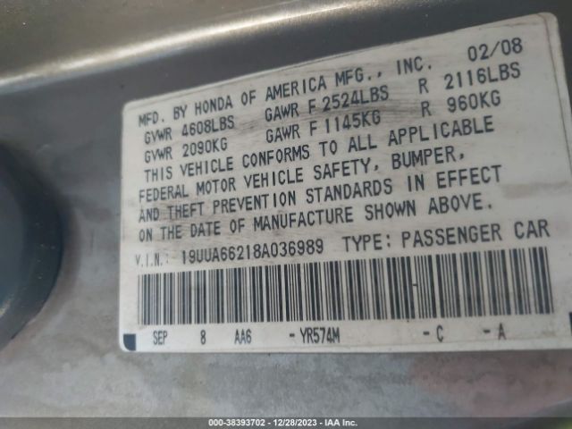 2008 ACURA TL 19UUA66218A036989 Photo 8
