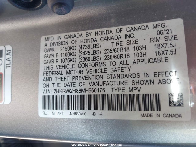 Honda Cr-v Awd Ex-l 2021 2HKRW2H88MH660176 Image 9
