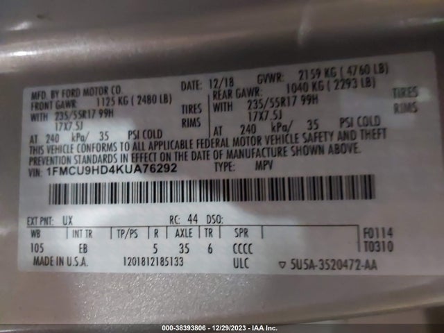 Ford ESCAPE SEL 2019 1FMCU9HD4KUA76292 Image 9