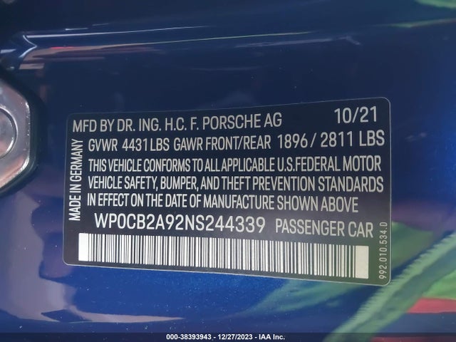 Porsche 911 Carrera S Cabriolet 2022 WP0CB2A92NS244339 Image 9